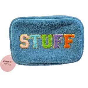 Stuff Sherpa Cosmetic Bag Blue Fuzzy 9x6 Zipper Makeup Toiletry Organizer Travel